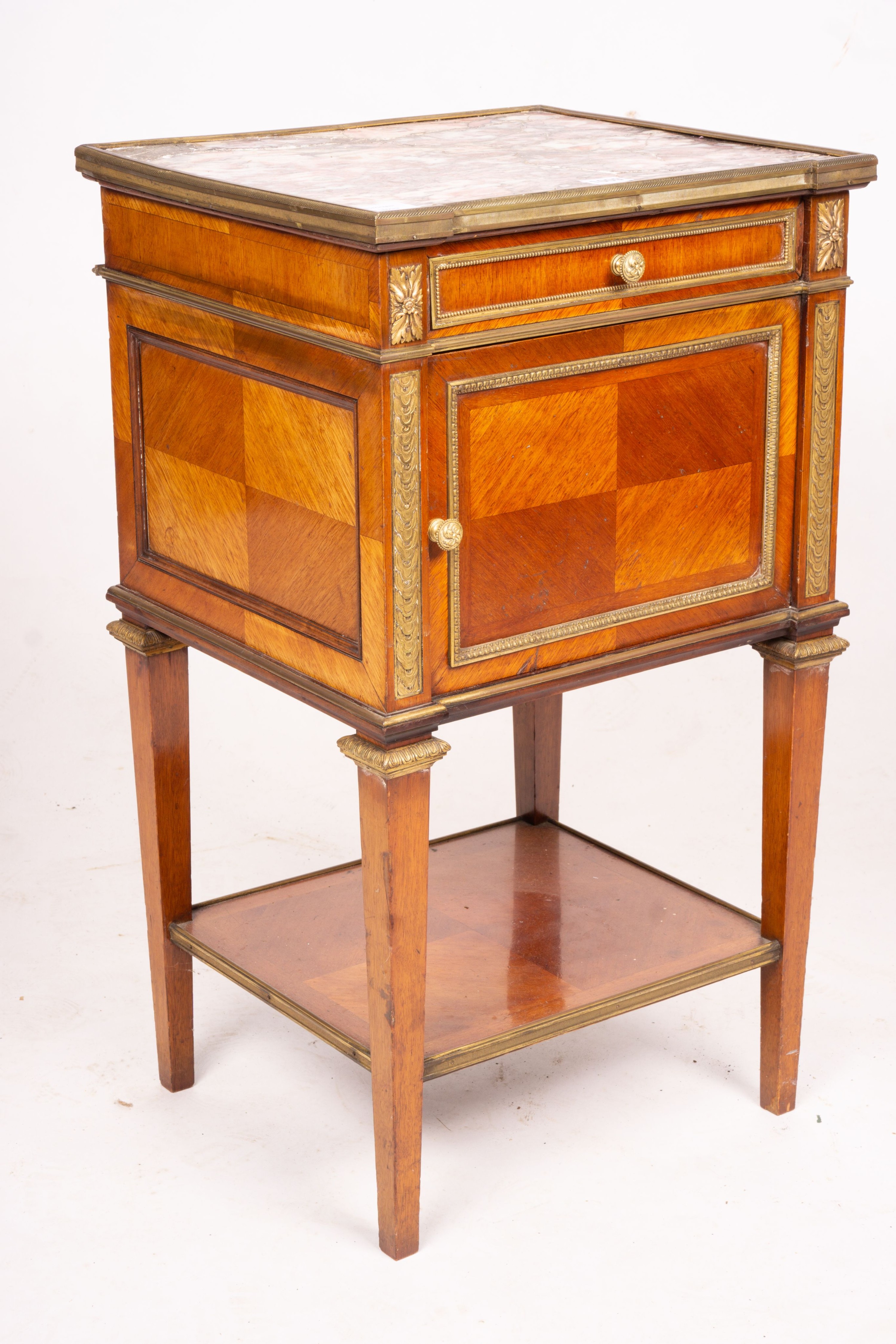 An early 20th century French marble top mahogany bedside cabinet, width 42cm, depth 38cm, height 75cm
